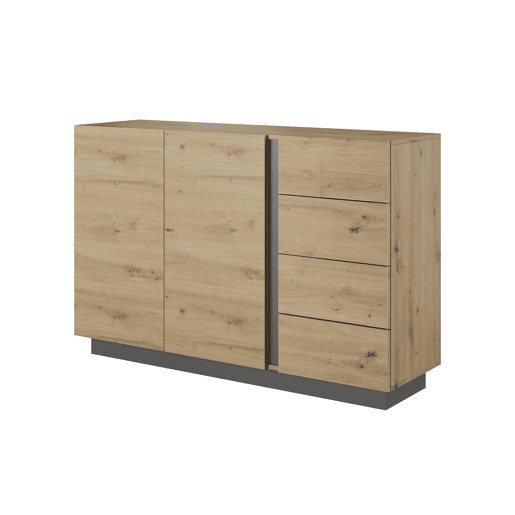 ARCADE cómoda com um estilo moderno, medindo 91x139x40 cm e tem 2 prateleiras, 2 portas e 4 gavetas