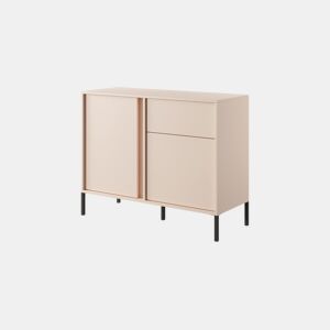 Cómoda DAST em bege com um estilo moderno, medindo 82x104x40 cm e tem 4 prateleiras, 2 portas e 1 gaveta com iluminação LED