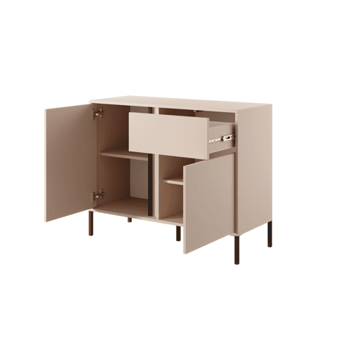 Cómoda DAST em bege com um estilo moderno, medindo 82x104x40 cm e tem 4 prateleiras, 2 portas e 1 gaveta com iluminação LED