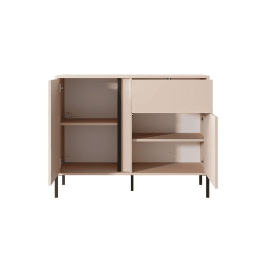 Cómoda DAST em bege com um estilo moderno, medindo 82x104x40 cm e tem 4 prateleiras, 2 portas e 1 gaveta com iluminação LED