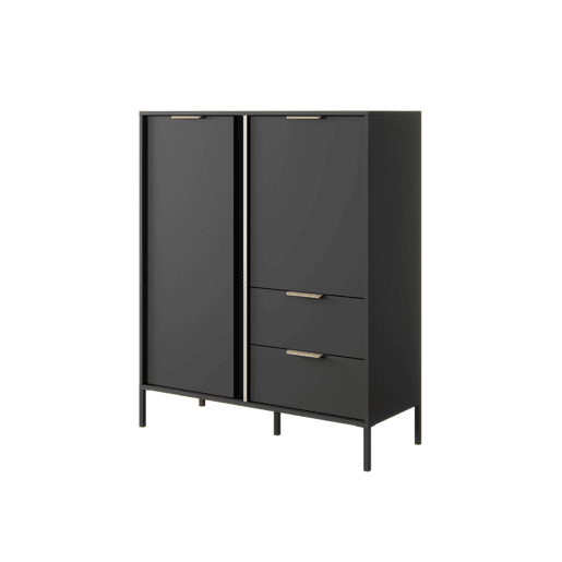 LARS cómoda em preto, dourado com um estilo moderno, mede 124x104x40 cm e tem 5 prateleiras, 2 portas e 2 gavetas