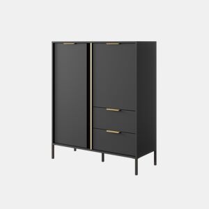 LARS cómoda em preto, dourado com um estilo moderno, mede 124x104x40 cm e tem 5 prateleiras, 2 portas e 2 gavetas