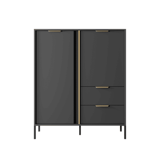 LARS cómoda em preto, dourado com um estilo moderno, mede 124x104x40 cm e tem 5 prateleiras, 2 portas e 2 gavetas
