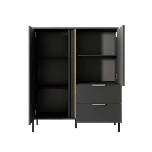 LARS cómoda em preto, dourado com um estilo moderno, mede 124x104x40 cm e tem 5 prateleiras, 2 portas e 2 gavetas