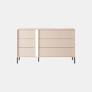 Cómoda DAST em rosa com um estilo moderno, com 82x138x40 cm e 6 gavetas com iluminação LED