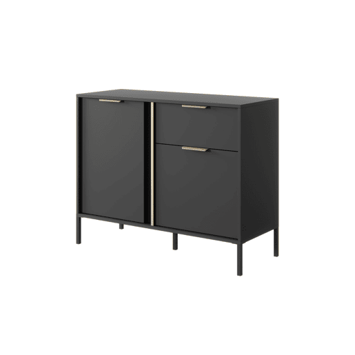 Cómoda LARS em preto, dourado com um estilo moderno, medindo 82x104x40 cm e tem 4 prateleiras, 2 portas e 1 gaveta