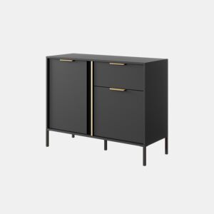 Cómoda LARS em preto, dourado com um estilo moderno, medindo 82x104x40 cm e tem 4 prateleiras, 2 portas e 1 gaveta