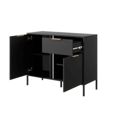 Cómoda LARS em preto, dourado com um estilo moderno, medindo 82x104x40 cm e tem 4 prateleiras, 2 portas e 1 gaveta