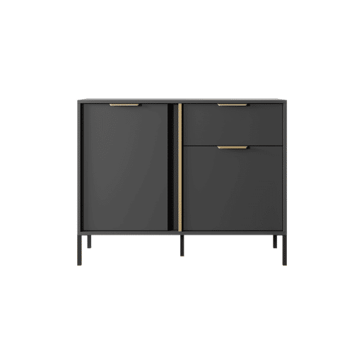 Cómoda LARS em preto, dourado com um estilo moderno, medindo 82x104x40 cm e tem 4 prateleiras, 2 portas e 1 gaveta