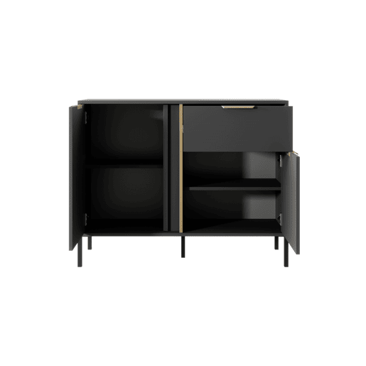 Cómoda LARS em preto, dourado com um estilo moderno, medindo 82x104x40 cm e tem 4 prateleiras, 2 portas e 1 gaveta