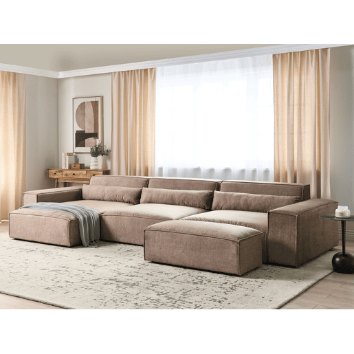 Sofá de canto modular HELLNAR Tecido Castanho claro com repousa-pés 3 lugares à direita