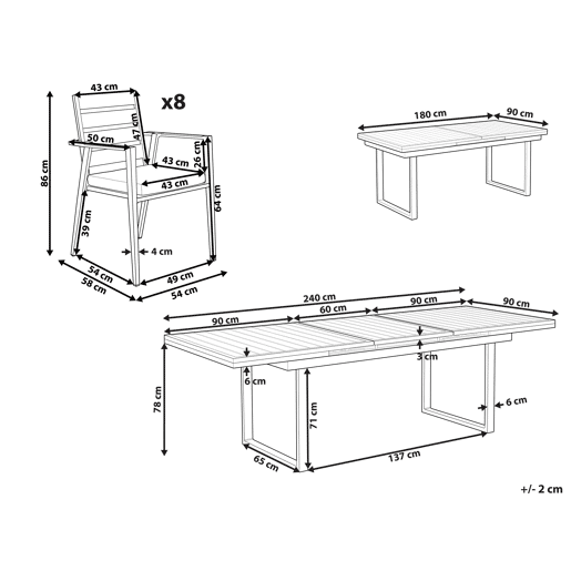 Conjunto refeição jardim 8 lugares em alumínio cinzento 180240 cm VALCANETTOTAVIANO
