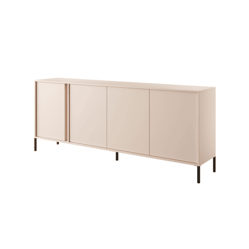 Cómoda DAST em bege com um estilo moderno, medindo 82x203x40 cm e tem 8 prateleiras, 4 portas, bem como iluminação LED