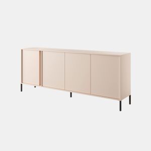 Cómoda DAST em bege com um estilo moderno, medindo 82x203x40 cm e tem 8 prateleiras, 4 portas, bem como iluminação LED