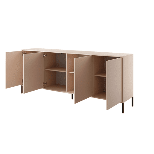 Cómoda DAST em bege com um estilo moderno, medindo 82x203x40 cm e tem 8 prateleiras, 4 portas, bem como iluminação LED