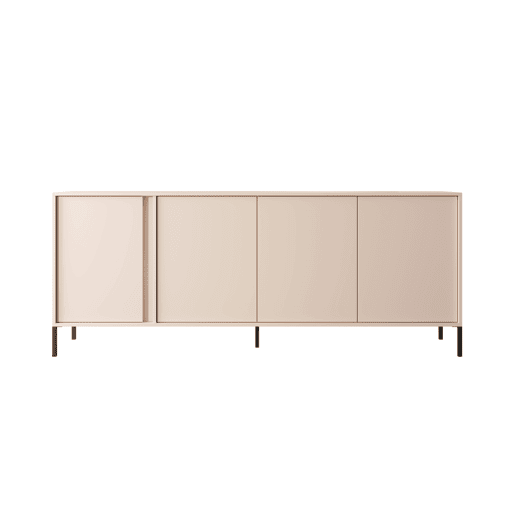 Cómoda DAST em bege com um estilo moderno, medindo 82x203x40 cm e tem 8 prateleiras, 4 portas, bem como iluminação LED