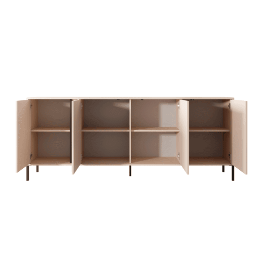 Cómoda DAST em bege com um estilo moderno, medindo 82x203x40 cm e tem 8 prateleiras, 4 portas, bem como iluminação LED