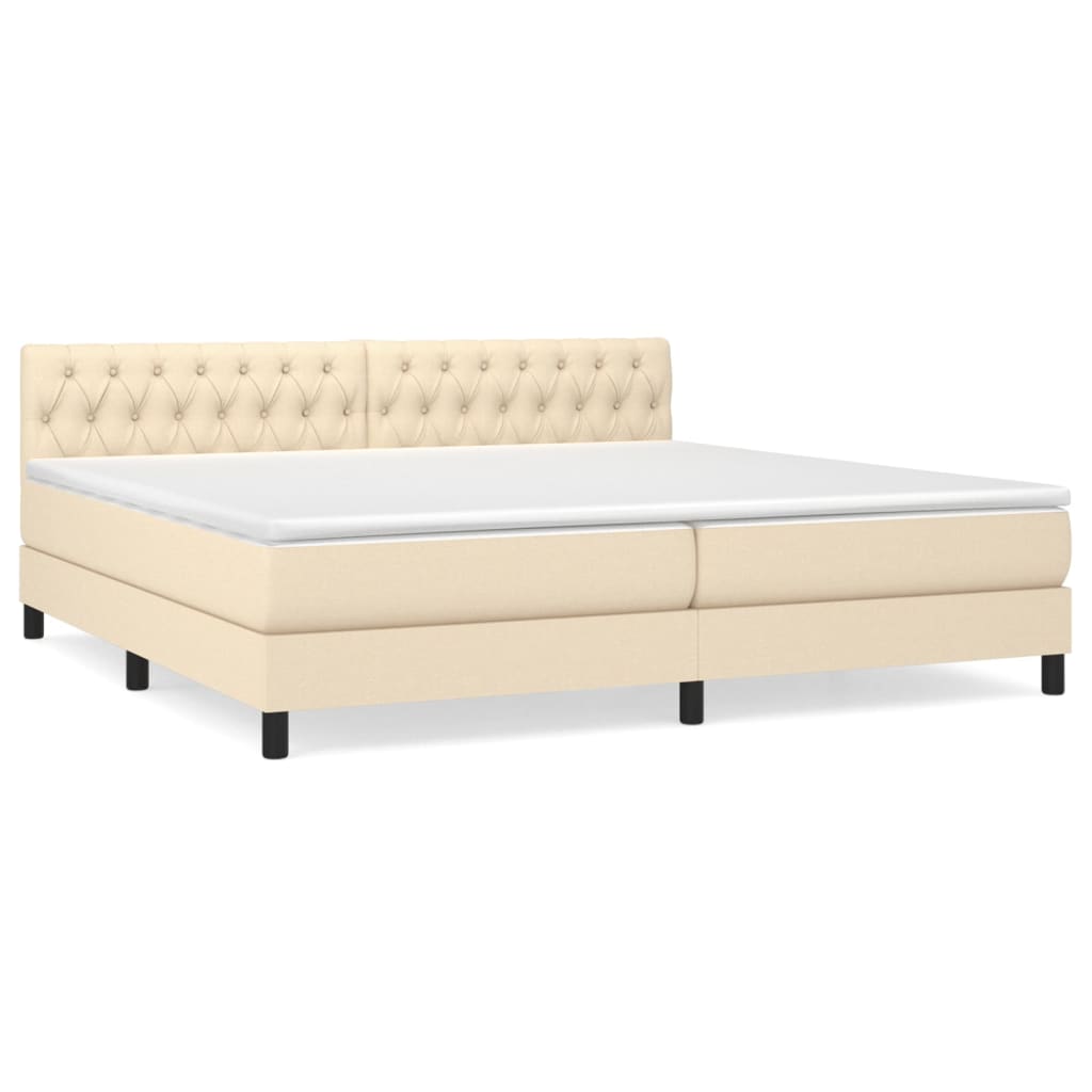 Cama box spring con colchón tela color crema 200x200 cm diseño de botones