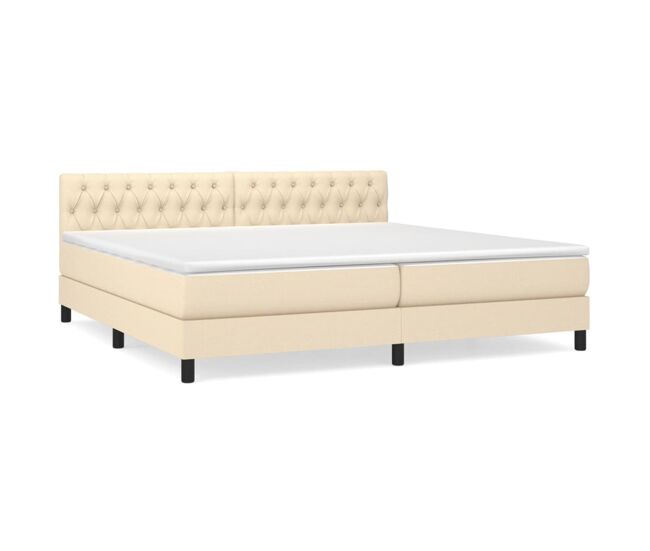 Cama box spring con colchón tela color crema 200x200 cm diseño de botones