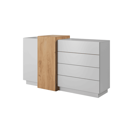 cómoda em branco, dourado com um estilo moderno, medindo 94x160x45 cm e tem 5 prateleiras, 2 portas e 4 gavetas