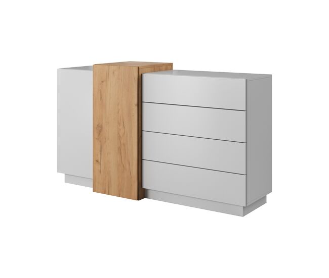 Comoda en blanco, dorado con un estilo moderno, mide 94x160x45 cm y tiene 5 estantes, 2 puertas y 4 cajones