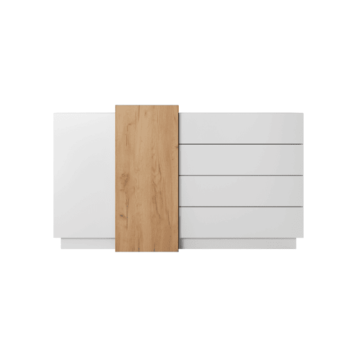 cómoda em branco, dourado com um estilo moderno, medindo 94x160x45 cm e tem 5 prateleiras, 2 portas e 4 gavetas