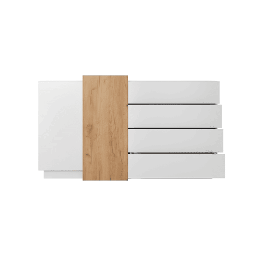 cómoda em branco, dourado com um estilo moderno, medindo 94x160x45 cm e tem 5 prateleiras, 2 portas e 4 gavetas
