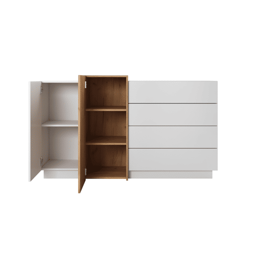 cómoda em branco, dourado com um estilo moderno, medindo 94x160x45 cm e tem 5 prateleiras, 2 portas e 4 gavetas