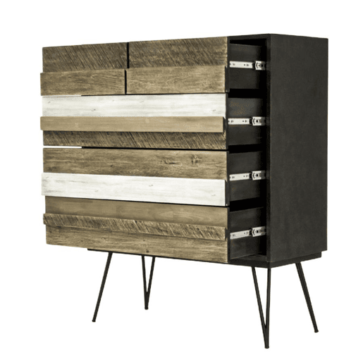 Cómoda ADESSO, de cor bege e preta, em estilo retro, com 125x100x45 cm e 5 gavetas
