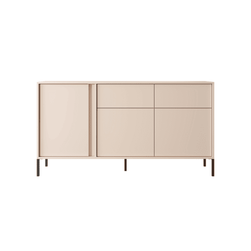 Cómoda DAST em bege com um estilo moderno, medindo 82x154x40 cm e tem 6 prateleiras, 3 portas e 2 gavetas com iluminação LED