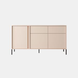 Cómoda DAST em bege com um estilo moderno, medindo 82x154x40 cm e tem 6 prateleiras, 3 portas e 2 gavetas com iluminação LED
