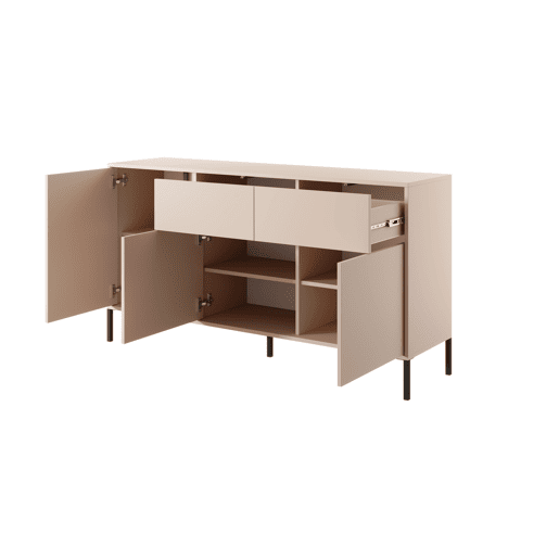 Cómoda DAST em bege com um estilo moderno, medindo 82x154x40 cm e tem 6 prateleiras, 3 portas e 2 gavetas com iluminação LED