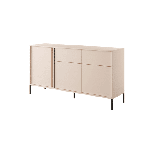 Cómoda DAST em bege com um estilo moderno, medindo 82x154x40 cm e tem 6 prateleiras, 3 portas e 2 gavetas com iluminação LED