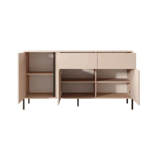Cómoda DAST em bege com um estilo moderno, medindo 82x154x40 cm e tem 6 prateleiras, 3 portas e 2 gavetas com iluminação LED
