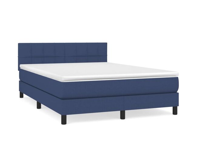 Cama box spring con colchón tela azul 140x200 cm bloques con cuadros