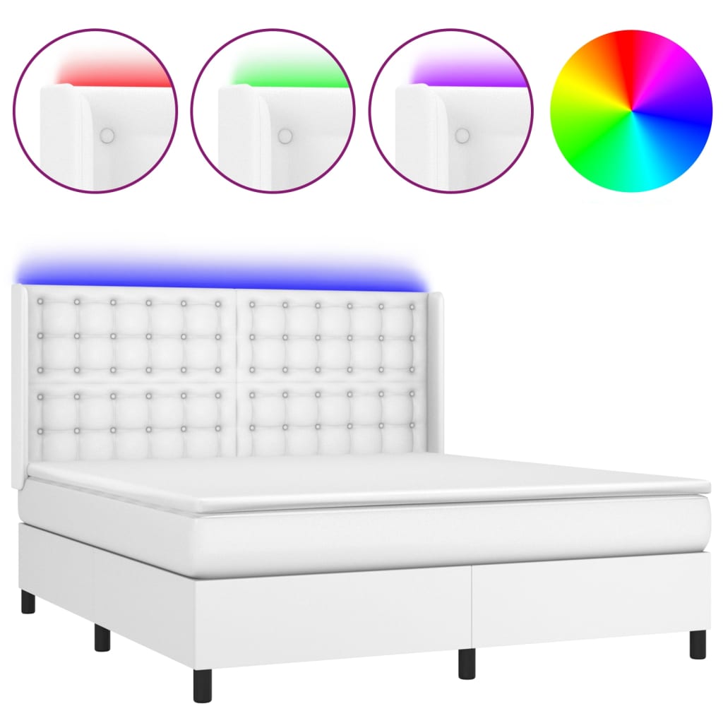Cama box spring colchón y led cuero sintético blanco 180x200 cm botones