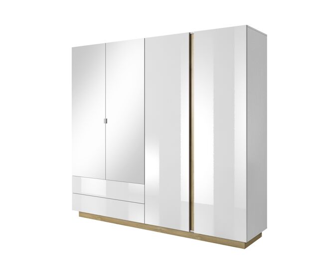 Armario arcade de estilo moderno, mide 203x220x54 cm y dispone de 10 estantes, 4 puertas y 2 cajones con iluminación led