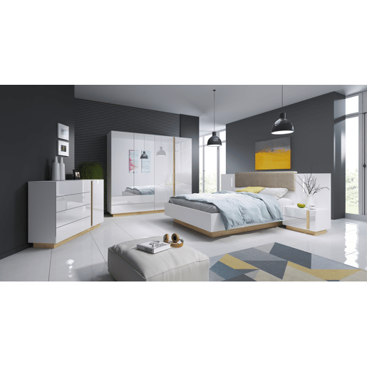 Armário ARCADE com um estilo moderno, medindo 203x220x54 cm, com 10 prateleiras, 4 portas e 2 gavetas com iluminação LED