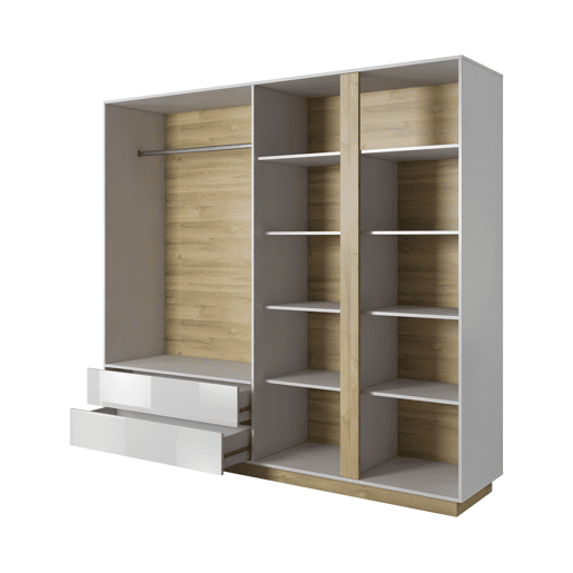 Armário ARCADE com um estilo moderno, medindo 203x220x54 cm, com 10 prateleiras, 4 portas e 2 gavetas com iluminação LED