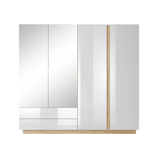 Armário ARCADE com um estilo moderno, medindo 203x220x54 cm, com 10 prateleiras, 4 portas e 2 gavetas com iluminação LED