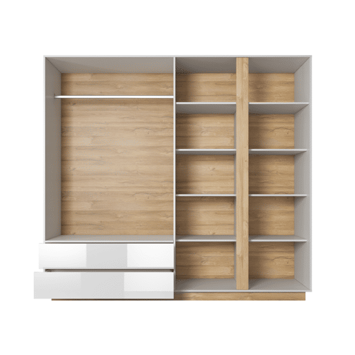 Armário ARCADE com um estilo moderno, medindo 203x220x54 cm, com 10 prateleiras, 4 portas e 2 gavetas com iluminação LED