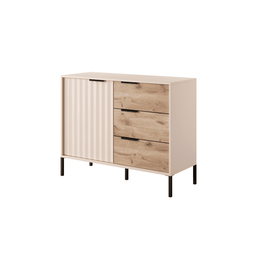 Cómoda RAVE estilo moderno, mede 82x104x40 cm e tem 2 prateleiras, 1 porta e 3 gavetas