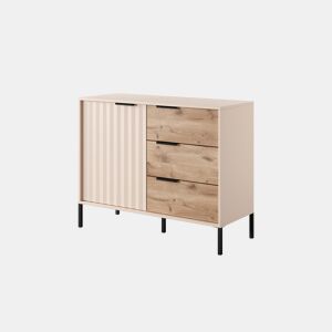 Cómoda RAVE estilo moderno, mede 82x104x40 cm e tem 2 prateleiras, 1 porta e 3 gavetas