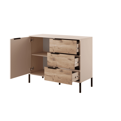 Cómoda RAVE estilo moderno, mede 82x104x40 cm e tem 2 prateleiras, 1 porta e 3 gavetas