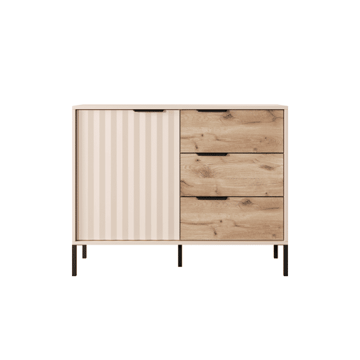 Cómoda RAVE estilo moderno, mede 82x104x40 cm e tem 2 prateleiras, 1 porta e 3 gavetas