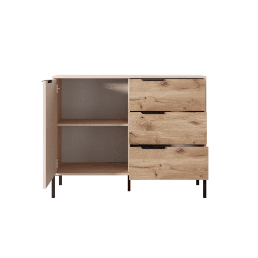 Cómoda RAVE estilo moderno, mede 82x104x40 cm e tem 2 prateleiras, 1 porta e 3 gavetas