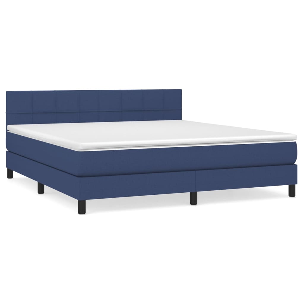 Cama box spring con colchón tela azul 160x200 cm bloques con cuadros