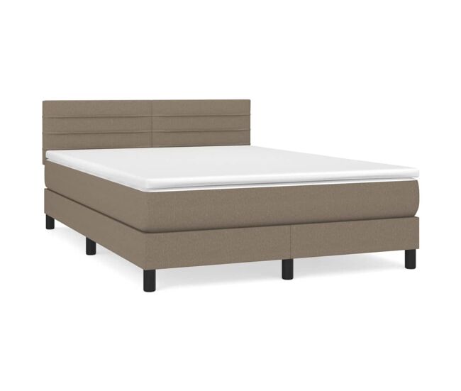 Cama box spring con colchón tela gris taupe 140x190 cm rayas horizontales