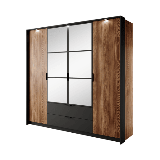 Roupeiro MILTON em castanho, preto, com um estilo moderno, mede 210x224x59 cm e tem 10 prateleiras, 4 portas e 2 gavetas com iluminação LED