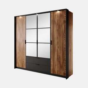 Roupeiro MILTON em castanho, preto, com um estilo moderno, mede 210x224x59 cm e tem 10 prateleiras, 4 portas e 2 gavetas com iluminação LED